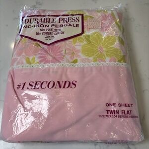 VTG NewDurable Press Percale Flat Sheet Twin Cotton Pink Floral Eyelet Trim Girl